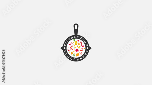 Vegetable food on pan in circle logo design vector illustration