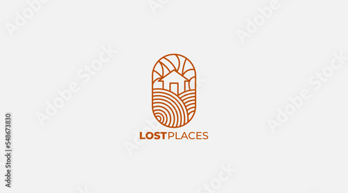 Lost places line art home logo icon with vector design