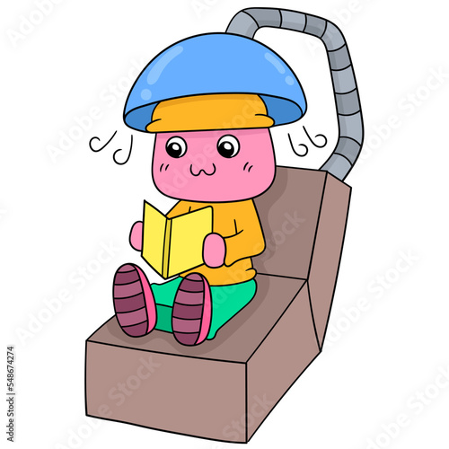 Doodle drawing of a cute creature in salon doing hair care and reading a book