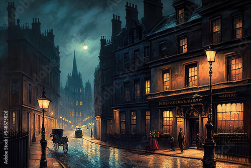 Canvastavla AI generated image of Victorian London on a moody evening with gas-lights, fog a