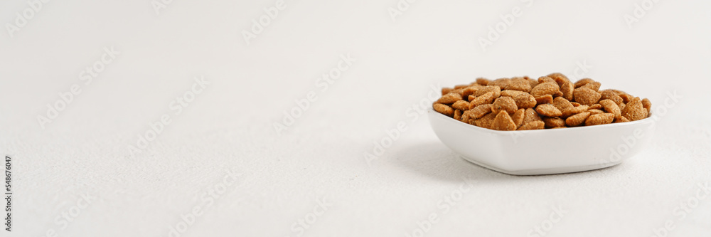 Cat food in a white bowl top view near the copy space, wide format for the banner Cat food in a white bowl top view near the copy space, wide format for the banner
