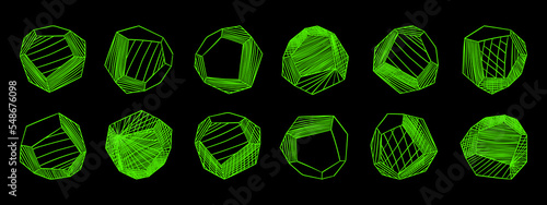 Polygonal volumetric figures, diamond shapes, faceted stones. Elements of a psychedelic rave. Acid rave concept. Acid vector set.