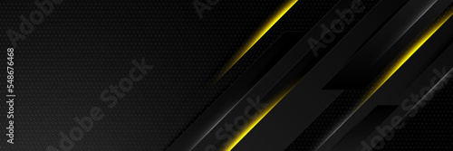 Black and yellow abstract banner background with tech business concept, line, arrow and halftone style. Wallpaper for poster, certificate, presentation, landing page