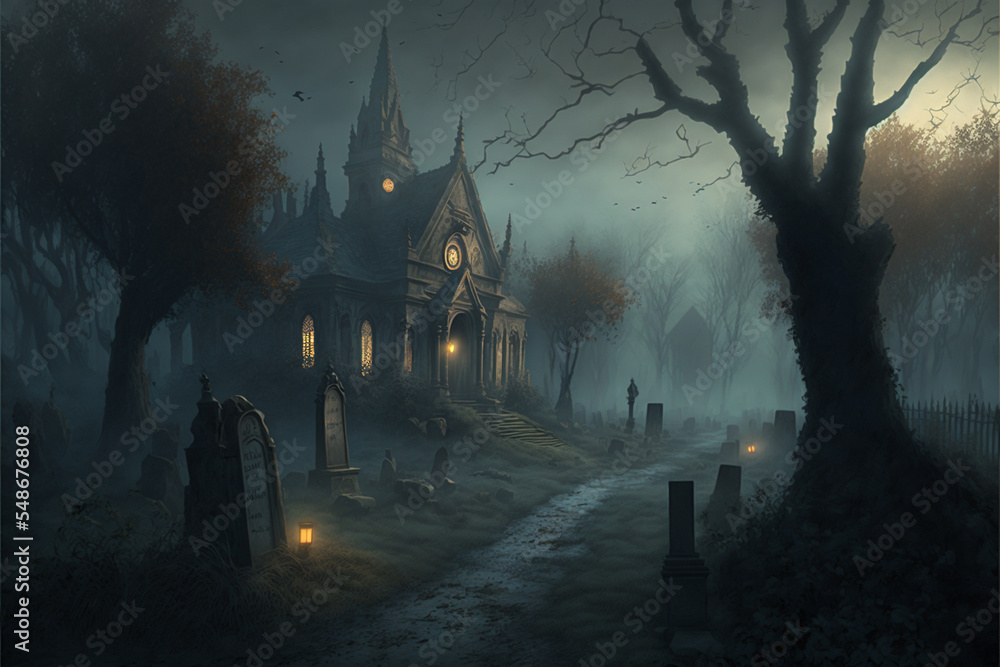 Digital art of a haunted castle in a foggy Halloween night. Digital art of a haunted castle in a foggy Halloween night.