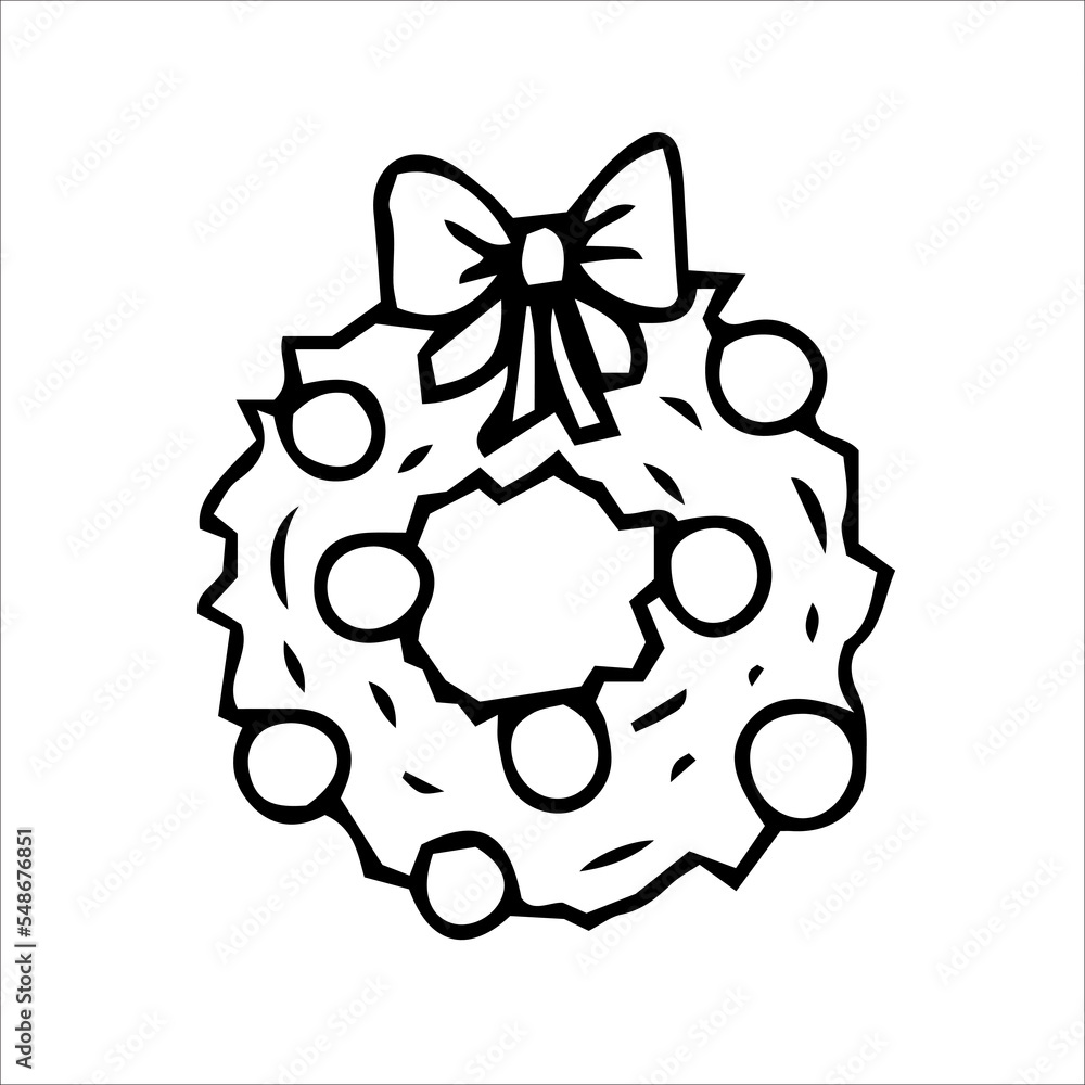 Christmas wreath with fir branches, bow and Christmas toys. Line art style illustration for decoration. Christmas wreath with fir branches, bow and Christmas toys. Line art style illustration for decoration.