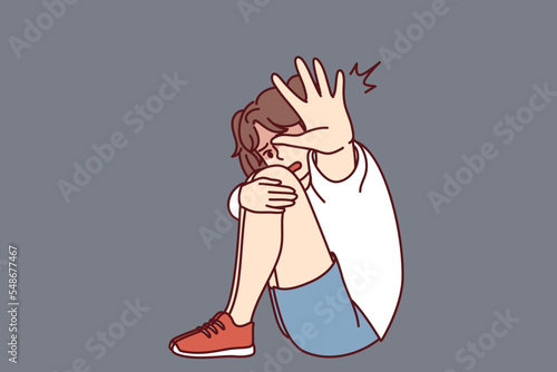 Scared little girl show stop sign protecting. Unhappy terrified child make hand gesture ask to stop domestic violence. Vector illustration. 