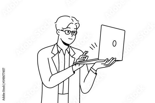 Smiling young man in formal wear working on laptop. Happy businessman busy online on computer. Vector illustration. 