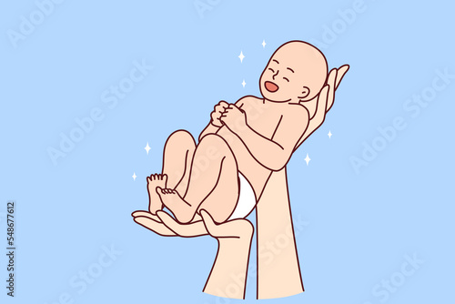 Close-up of hands holding smiling cute newborn baby. Parent with child infant excited about parenthood. Childbirth concept. Vector illustration. 