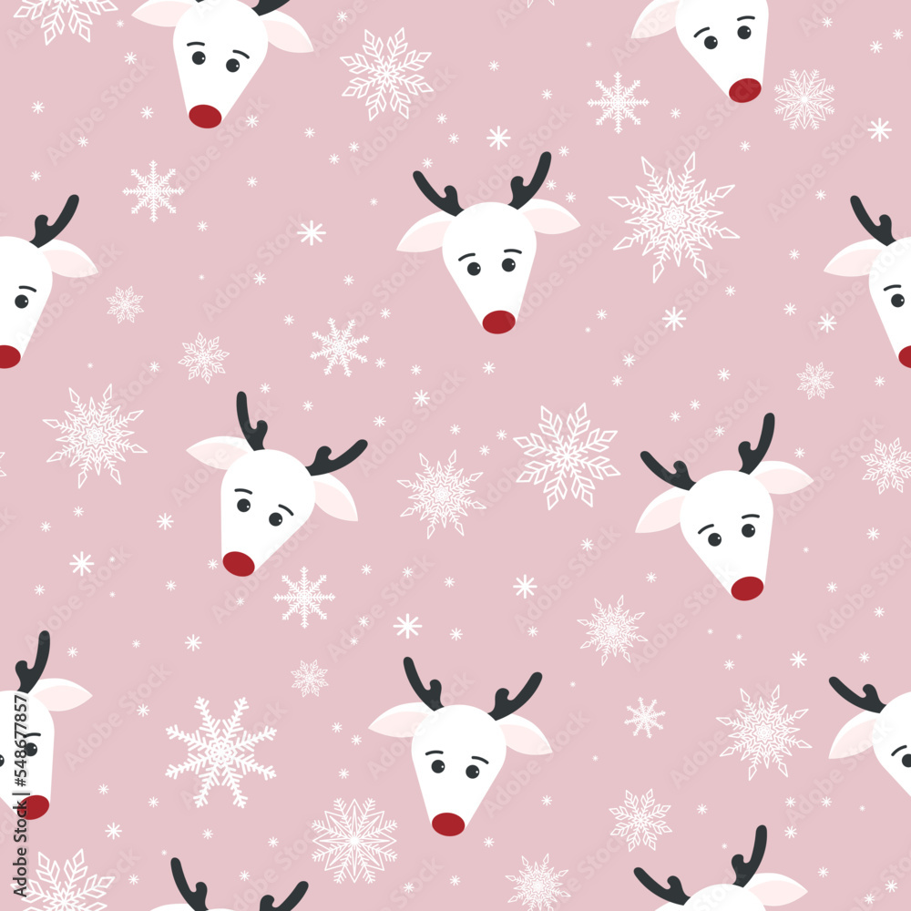 White deer with snowflakes on a pink background. Wrapping paper, winter greetings, web page background, Christmas and New Year greeting cards.