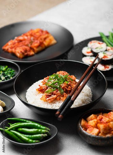 set of traditional korean food, rice, kimchi, kimbap, pickled vegetables, selective focus