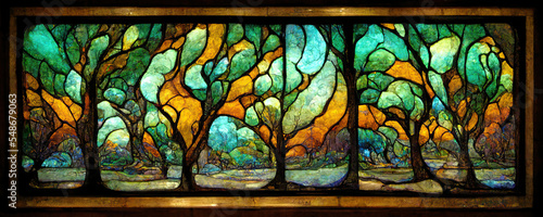 Stained glass of a forest in the style of Louis Comfort Tiffany. MidjourneyAI © Kat