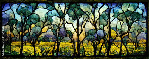 Stained glass of a forest in the style of Louis Comfort Tiffany. MidjourneyAI