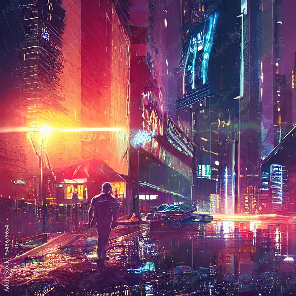 illustration of cyberpunk, downtown,night,rain,shooting,fantasy,super realistic