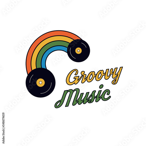 Retro poster print with vintage hippie colors on music theme. Groovy color banner with rainbow and records. Cute print art