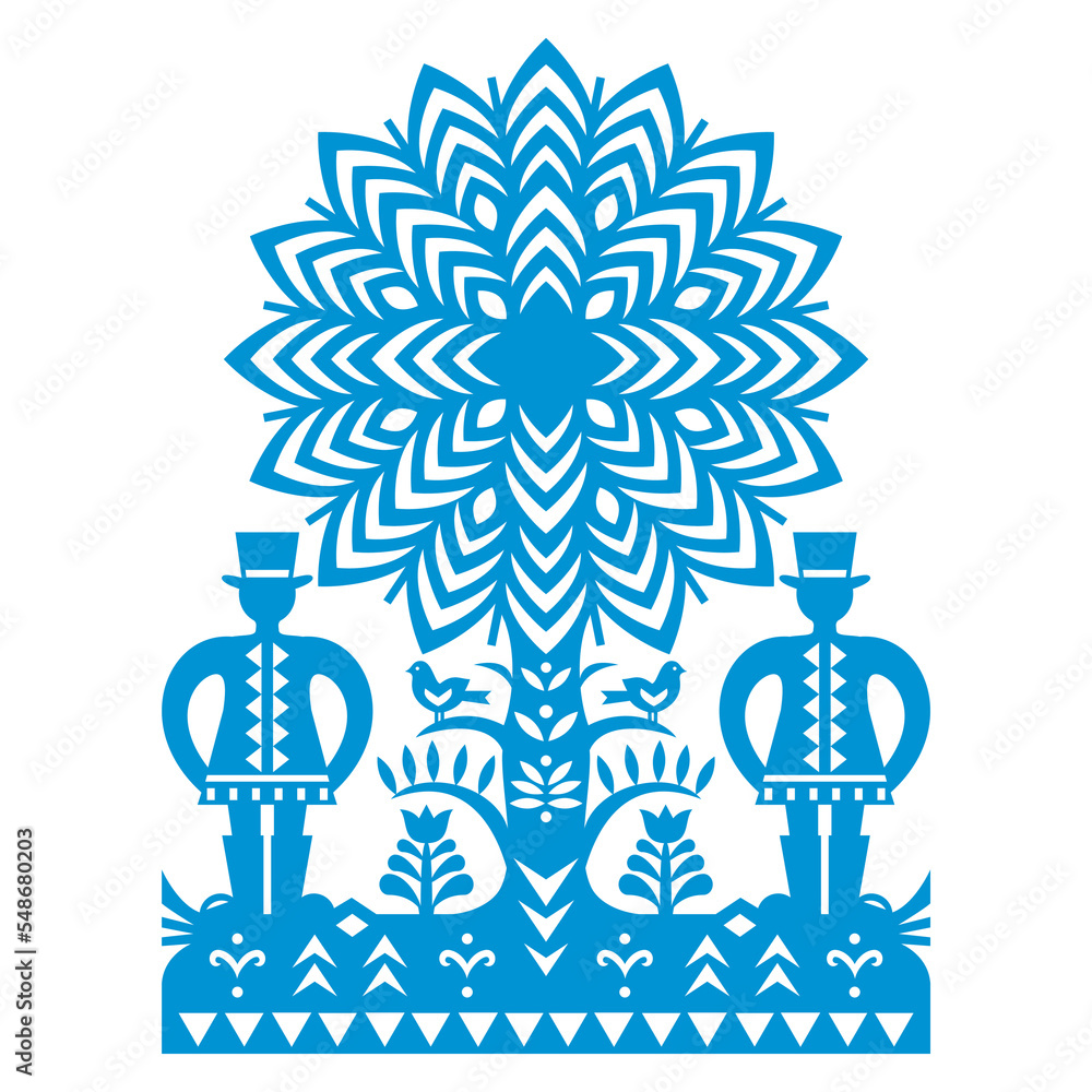 Polish folk art vector pattern Wycinanki Kurpiowskie with two men in hats, tree and birds - Kurpie paper cut outs design with rural scene
Polish folk art vector pattern Wycinanki Kurpiowskie with two men in hats, tree and birds - Kurpie paper cut outs design with rural scene