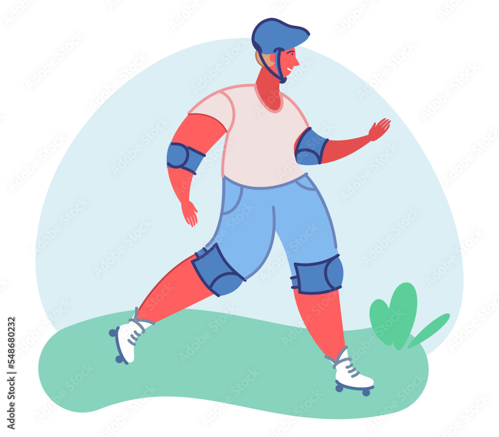 Active guy roller skater flat vector illustration