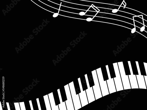 ピアノの鍵盤と楽譜の背景　横位置　ブラック