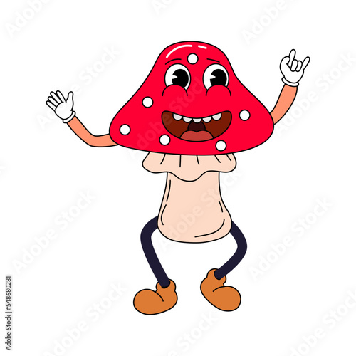 Mushroom funny retro comic Christmas character, gloved hands