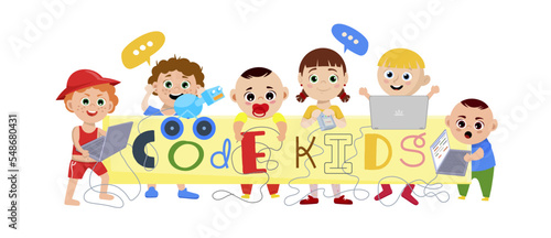 Children coding school or Kindergarten. Vector illustration.