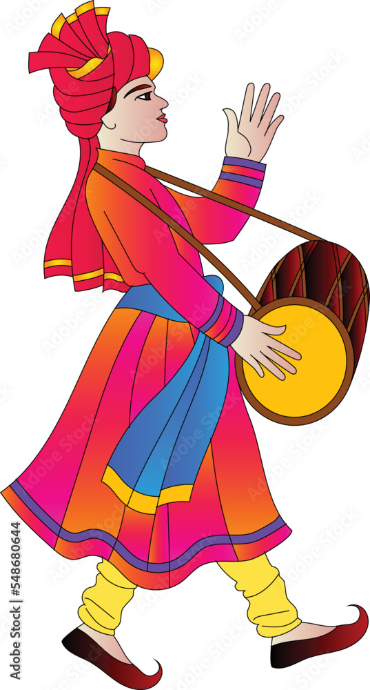 Indian man playing Indian wedding music instrument. vector Indian ...