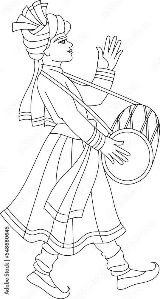 Indian man playing Indian wedding music instrument. vector Indian wedding symbol black and white and color illustration.