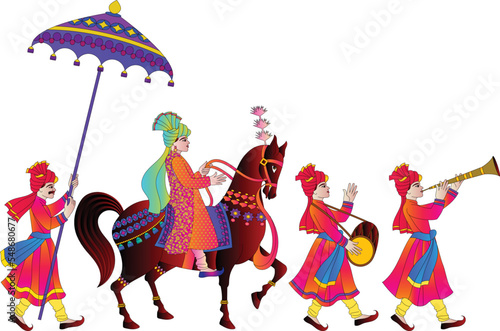 Wedding Invitation Template Layout With an Indian Couple and marriage procession, music performers on the way to the wedding ceremony,