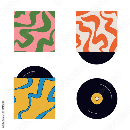 Retro poster print with vintage hippie colors on music theme. Groovy 1970 banner. Vinyl gramrecords