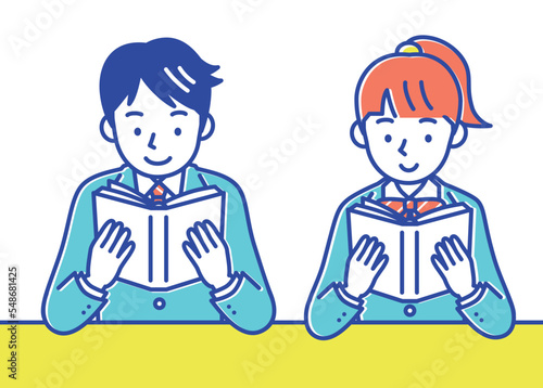 制服を着た本を読む男女の学生_セット