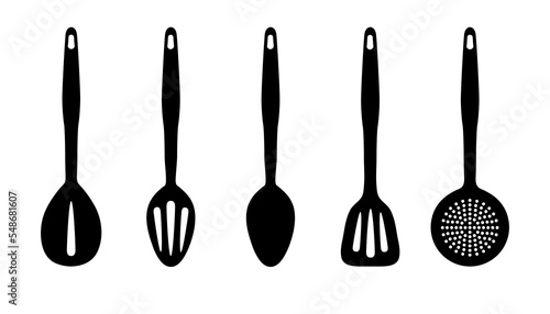 Isolated Different Kitchen Utensil Silhouette Illustrations Set