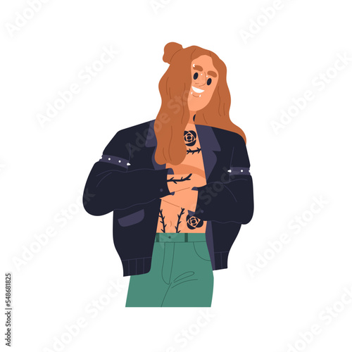 Happy man with tattoos, leather jacket, long hair and piercing in lips, nose,...