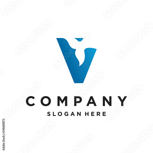 V intial whale tail creative unique logo design icon vector illustration