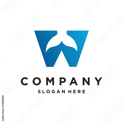 W intial whale tail creative unique logo design icon vector illustration