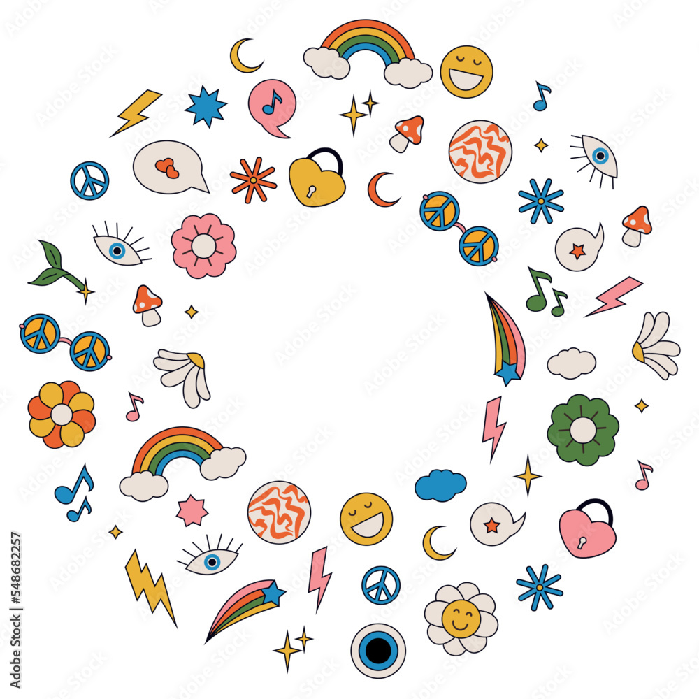 Groovy retro 1970 hippie poster in circle with set of hippie elements: rainbow, clouds, daisies, stars, records, glasses, hearts etc. Vintage hippie color banner.