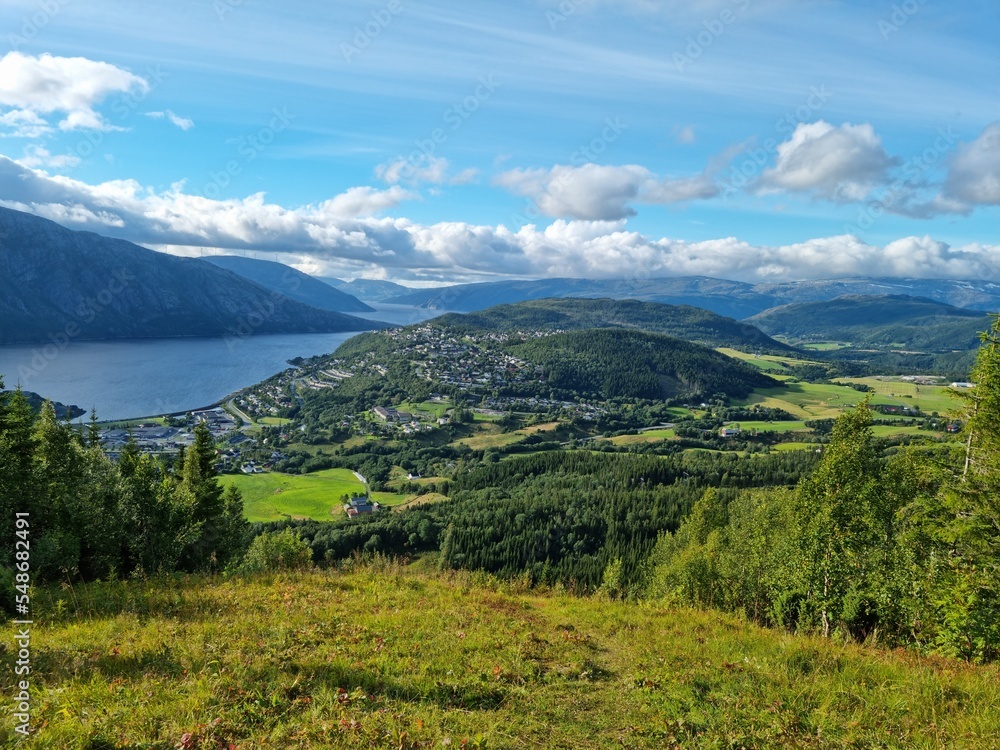 Majestic overview landscape of Mosjøen and Halsøy in Nordland county, northern Norway