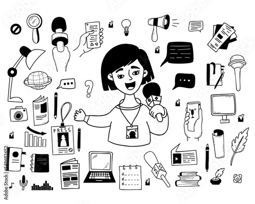 Collection journalism doodles. Cute girl journalist reporter with microphone, hands with voice recorder, broadcast recording, laptop, newspapers and messages. Isolated vector linear hand drawns.