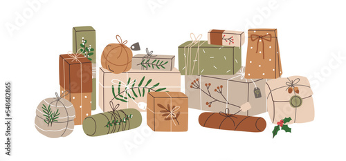 Christmas gift boxes pile. Heap of holiday packages, many surprises, presents in kraft wrapping, brown paper, decorated with twine, leaf branches. Flat vector illustration isolated on white background