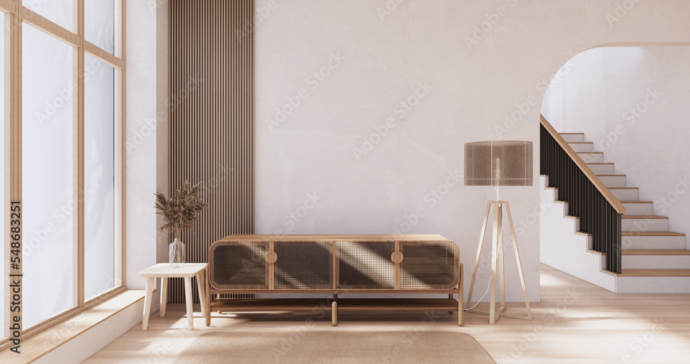 Fototapeta premium Cabinet wooden japandi design on living room wabi sabi style empty wall background