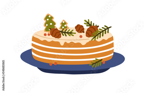 Christmas holiday cake. Sweet Xmas dessert, sugar food decorated with cones, fir tree cookies, branches. Winter confectionery with vanilla layers. Flat vector illustration isolated on white background photo