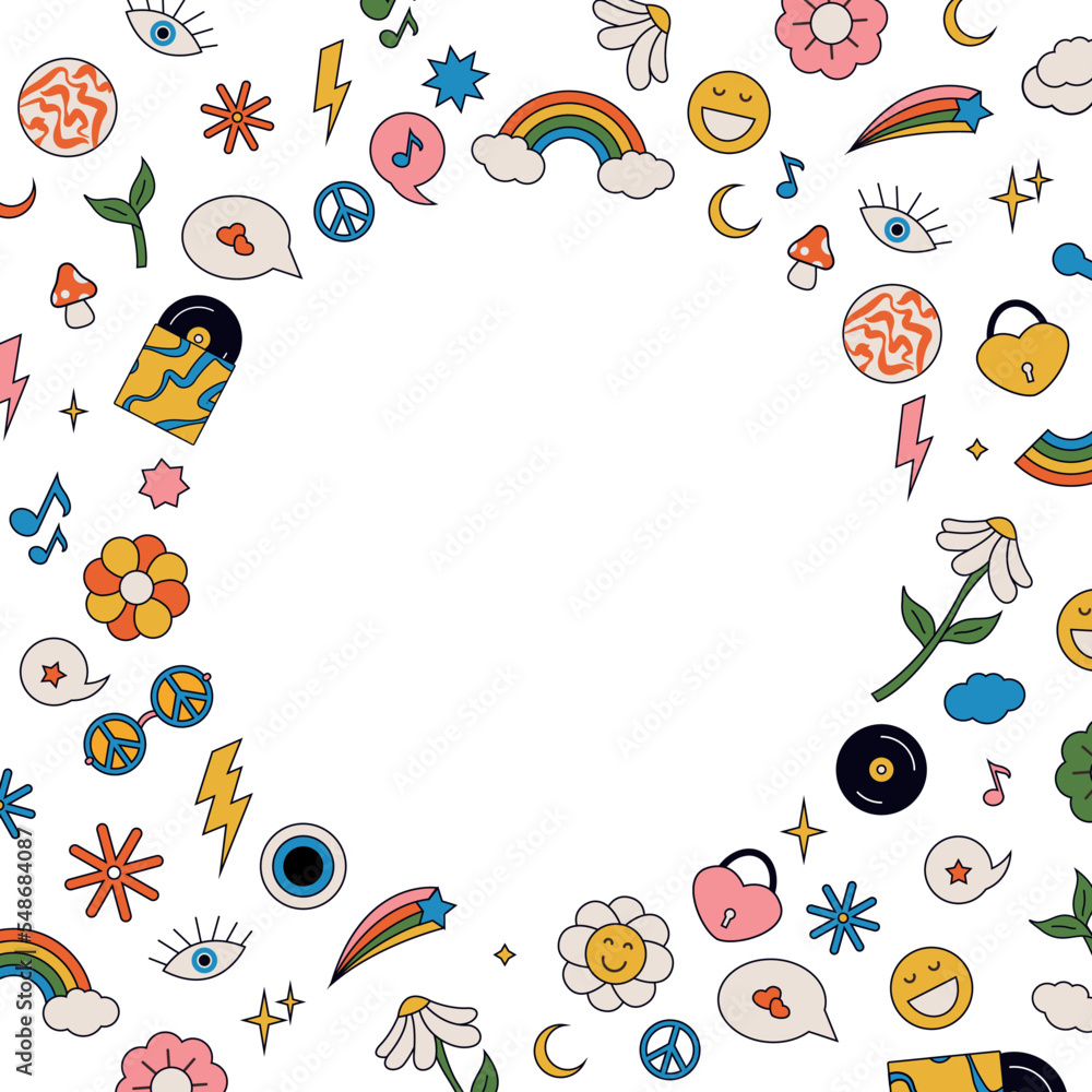 Groovy retro 1970 hippie elements in circle form: rainbow, clouds, daisies, stars, records, glasses, hearts etc. Vintage hippie color round banner. Groovy retro 1970 hippie elements in circle form: rainbow, clouds, daisies, stars, records, glasses, hearts etc. Vintage hippie color round banner.