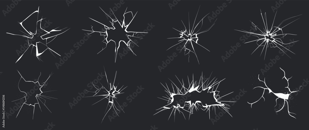 Collection of crack element vector on black background. Set of damage cracks texture, broken glass surface, damage screen. Abstract art illustration design for decorative, print, wall art, screen. Collection of crack element vector on black background. Set of damage cracks texture, broken glass surface, damage screen. Abstract art illustration design for decorative, print, wall art, screen.