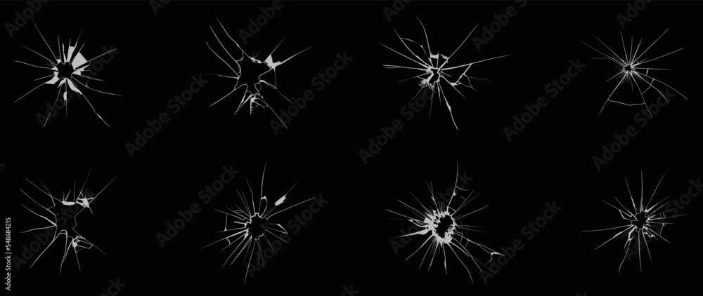 Collection of crack element vector on black background. Set of damage cracks texture, broken glass surface, damage screen. Abstract art illustration design for decorative, print, wall art, screen. 