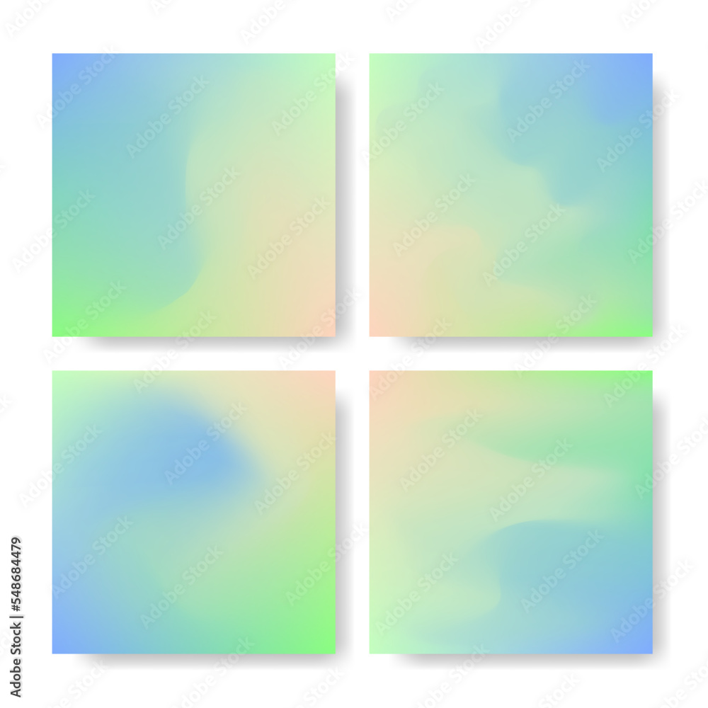 Obraz premium Set social media square post template of holographic papers in pale yellow, green and blue gradient Modern design of blank template for flyer, poster, brochure, business. Blurred gradient collection