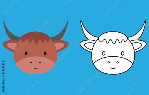 Yak face cartoon character. Cute outline yak animal face coloring book for kids. Vector illustration. Outline icon yak head. Cartoon face logo.