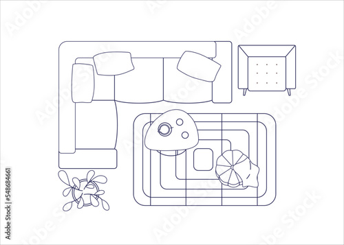 Living room interior design top view. Outlined floor plan with sofa, armchair, lounge furniture. Overhead corner couch, coffee table and carpet. Flat vector illustration isolated on white background