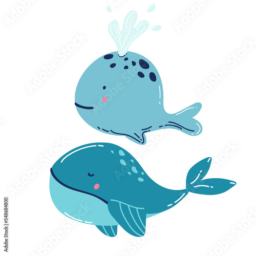 Set of marine mammals blue whales  sharks  sperm whales  dolphins  beluga whales  narwhal killer whales. Cartoon vector graphics