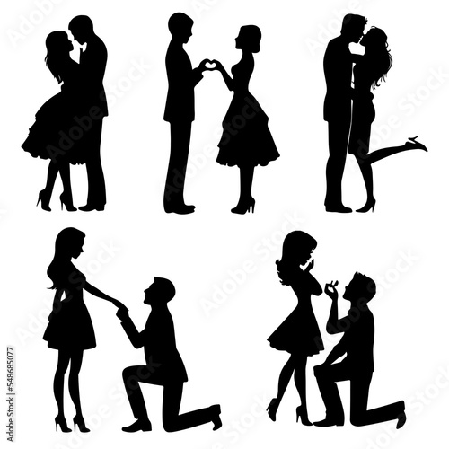 Set of silhouette Romantic couple lovers hug, kiss and proposing vector illustration