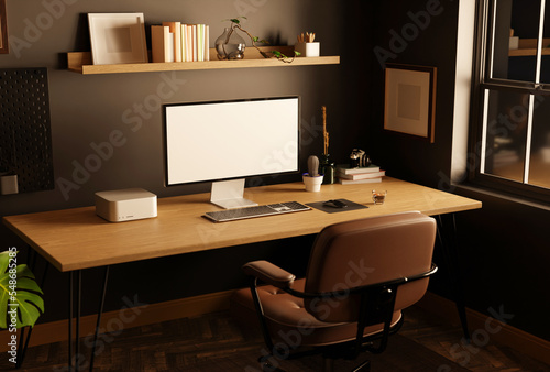 Modern stylish dark home office workspace with computer on wood table against the black wall