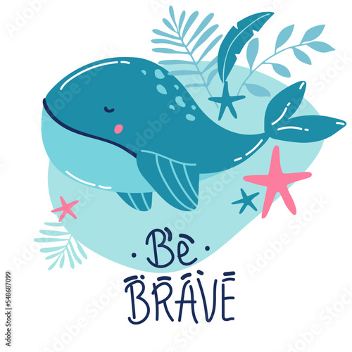 cute whale print handwritten text, lettering typography, calligraphy. Cute smiling character for icon, card, Hand drawn cartoon animal print for kids, babies t-shirt design, decoration, greeting card