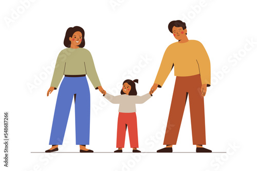 Young family with one child hold hands. Happy parents with their baby girl stand together. Man and woman look their toddler with love and care. Adoption and parenthood concept. Vector illustration