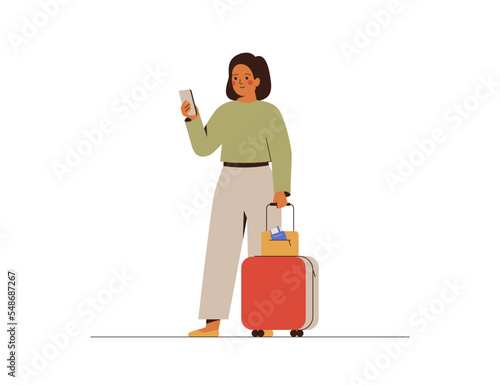 Business woman check her mobile and going to travel. Young female person with suitcase in the airport looks at the phone. Business trip concept. Vector illustration